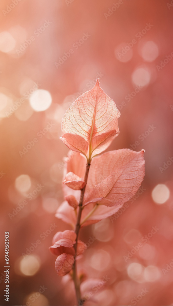 Peach soft colored leaf on the branch, made with blur style for background. Beautiful plant with coral bokeh color