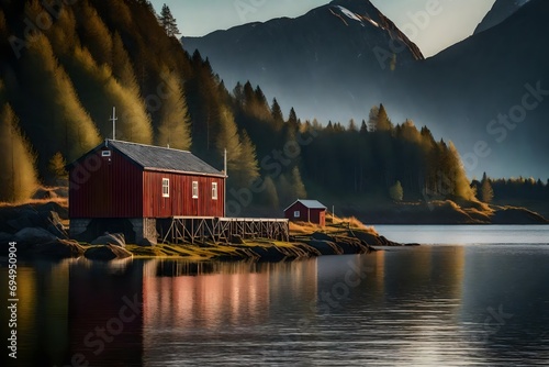 *boat house along the fjords during sunrise on the island of linesa,