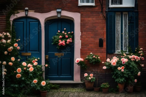 netherlands, utrecht, amersfoort, roses blooming beside entrance door of brick house.