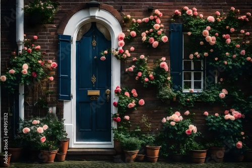 netherlands, utrecht, amersfoort, roses blooming beside entrance door of brick house.