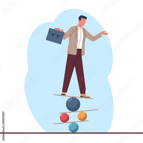 Businessman seeks work life balance by balancing on different colored balls. Man losing control, risk dangerous situation. Manager hard way goal achievement. Cartoon flat vector concept