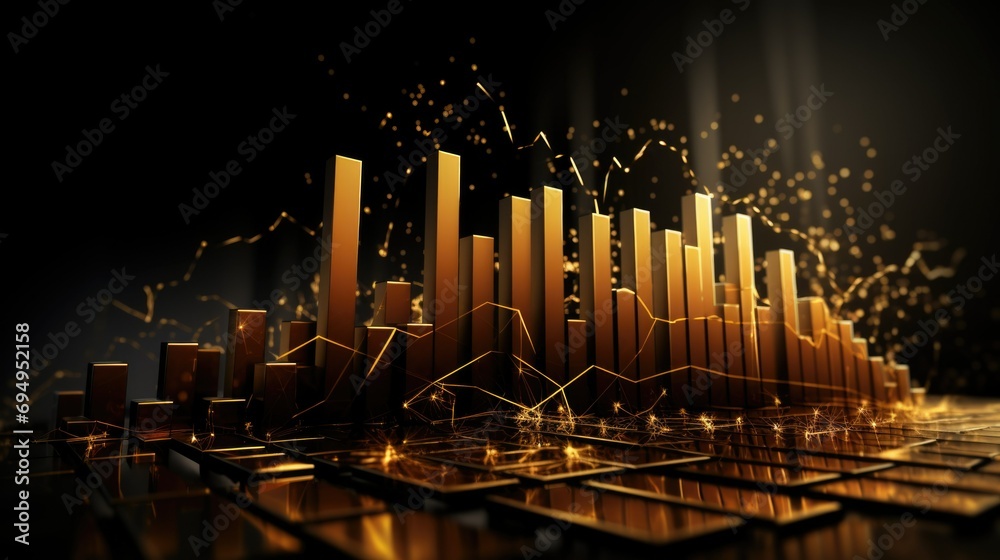 Dynamic 3D financial bar graph with soaring golden columns, representing growth, investment success, and market data in a visually striking way. - obrazy, fototapety, plakaty 