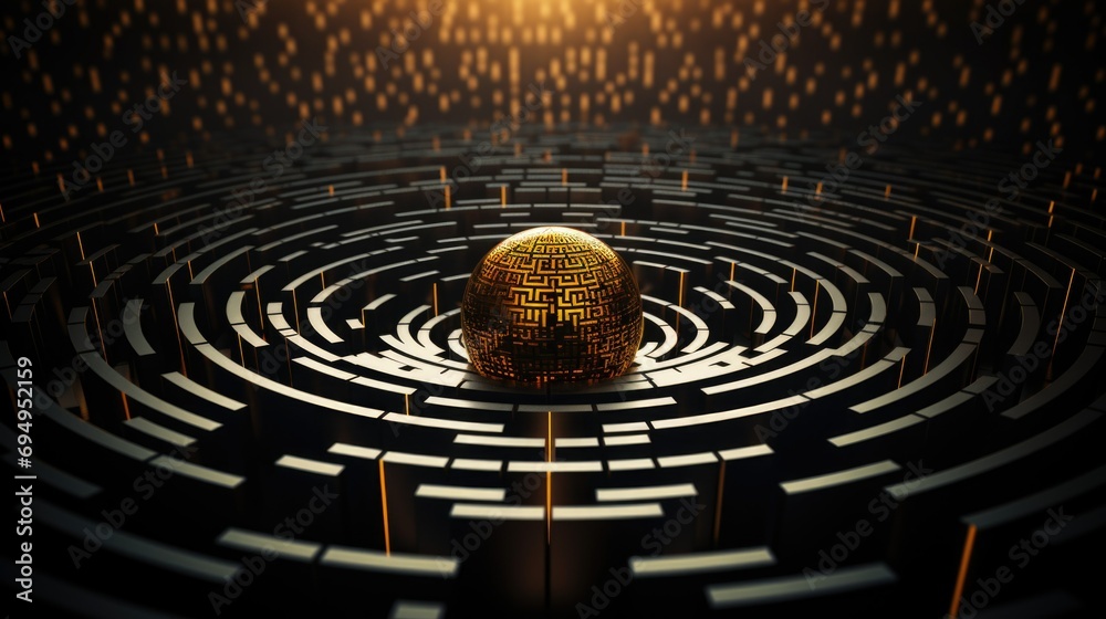 A conceptual image of a complex maze with golden edges and a central glowing sphere, symbolizing challenge and solution. - obrazy, fototapety, plakaty 
