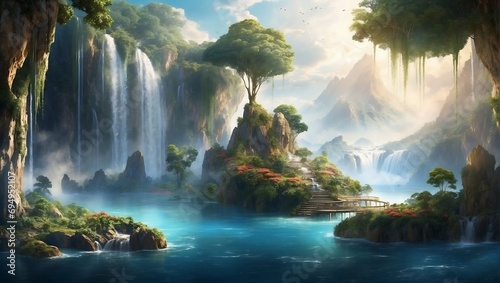 Ethereal animated archipelago, mystical hues, diverse floating flora, dynamic geography, mesmerizing ambiance, captivating motion enchants the observer