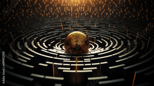 A conceptual image of a complex maze with golden edges and a central glowing sphere, symbolizing challenge and solution.