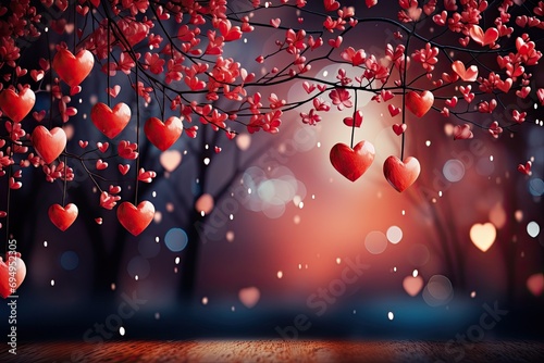 valentines day background image, red hearts hanging from a tree photo