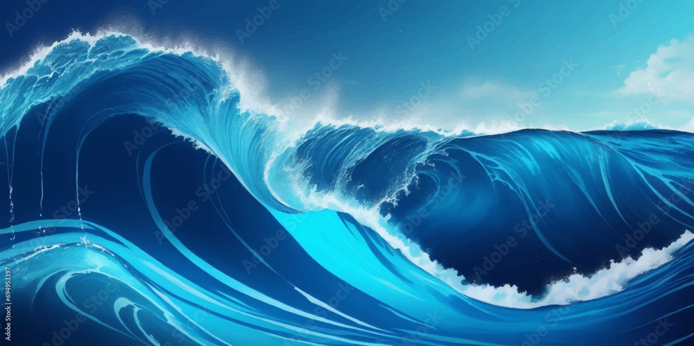 Watercolor surface ocean water wave, seamless blue water ocean wave background. Blue water ocean surfing wave. - obrazy, fototapety, plakaty 