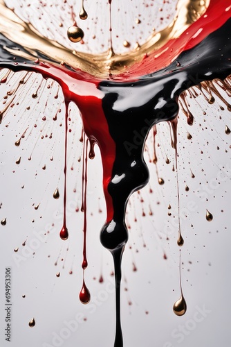 The paint runs down the white background. Black paint, Gold paint, Red paint