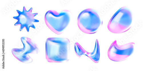 3D Liquid holographic elements. A star, a heart, a circle and a drop. Vector set glass shape