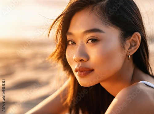 Asian smiling model wearing bikini on the beach