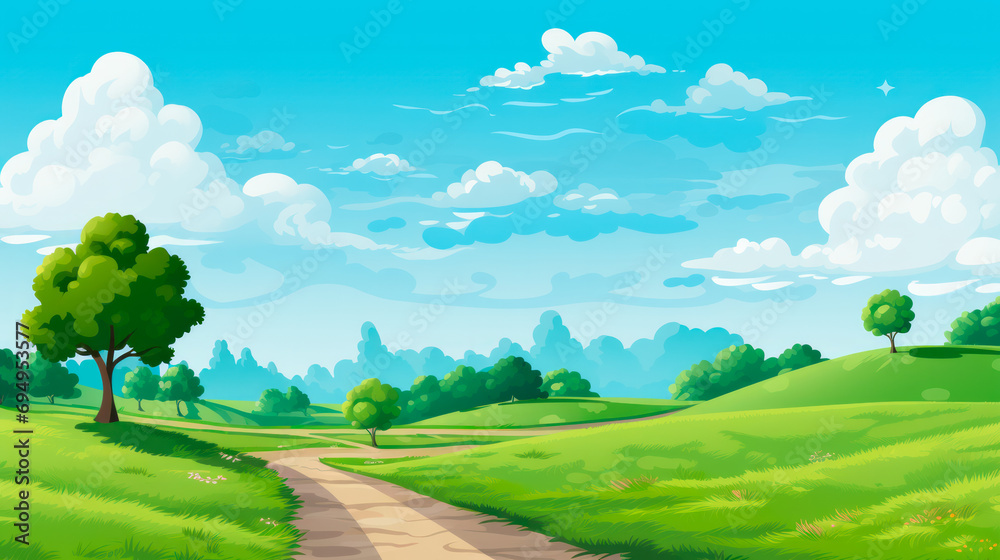 Sunny countryside road. Vibrant cartoon-style countryside road with lush greenery. It portrays a simple, non-specific, generic scene.