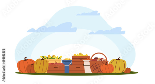 Fall harvest, baskets and boxes of vegetables and harvested fruit. Farm and forest ecological natural fresh food. Local organic products. Cartoon flat isolated vector agriculture concept