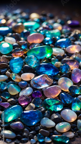 Beautiful opal stone pebbles background. Colorful background with rainbowed colored stones, phone screensaver