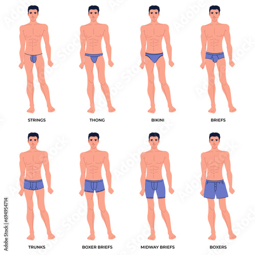 Men underwear on body set. Different types male underpants, popular models presentation, front view, everyday clothes elements, strings, thong and bikini. Briefs and boxers. Vector concept photo
