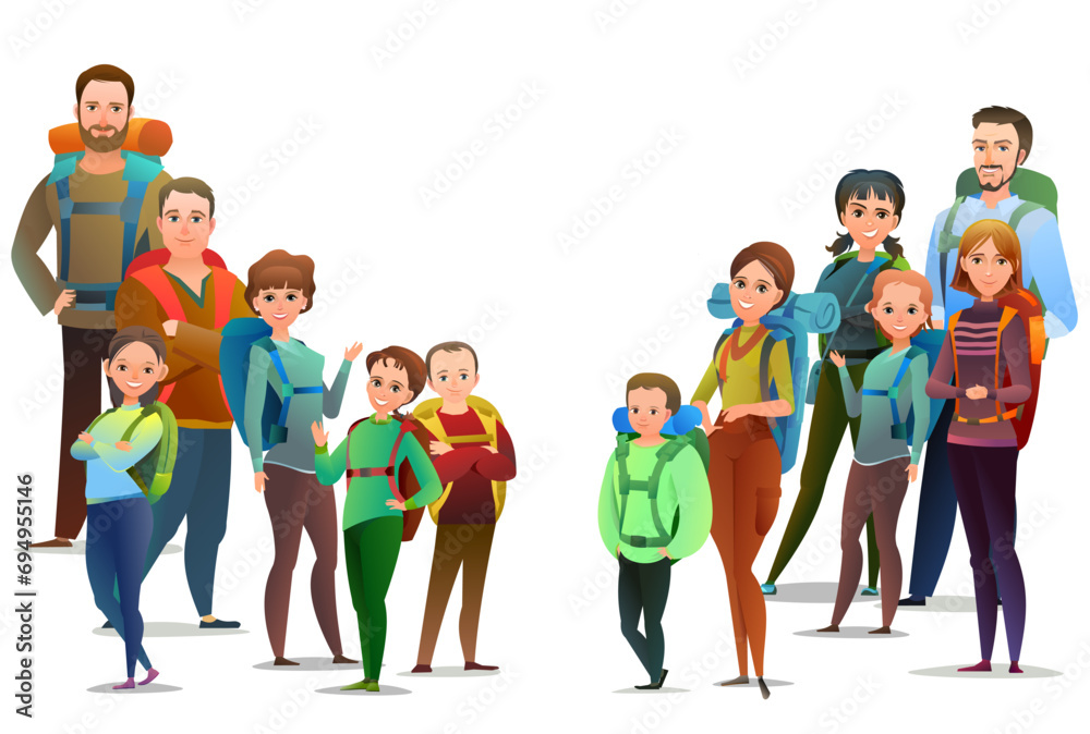 group of tourists, men, women and children in gear and backpacks. Place for text. Object isolated on white background. Cartoon fun style Illustration vector
