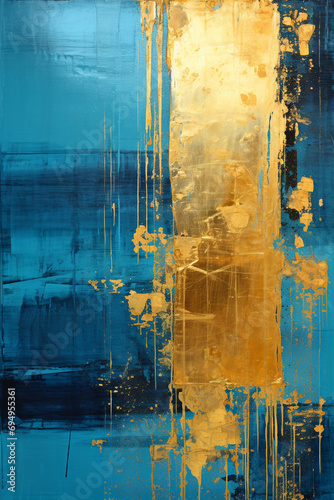 a blue painting with yellow and gold paint, in the style of dark gold and dark aquamarine created with Generative Ai