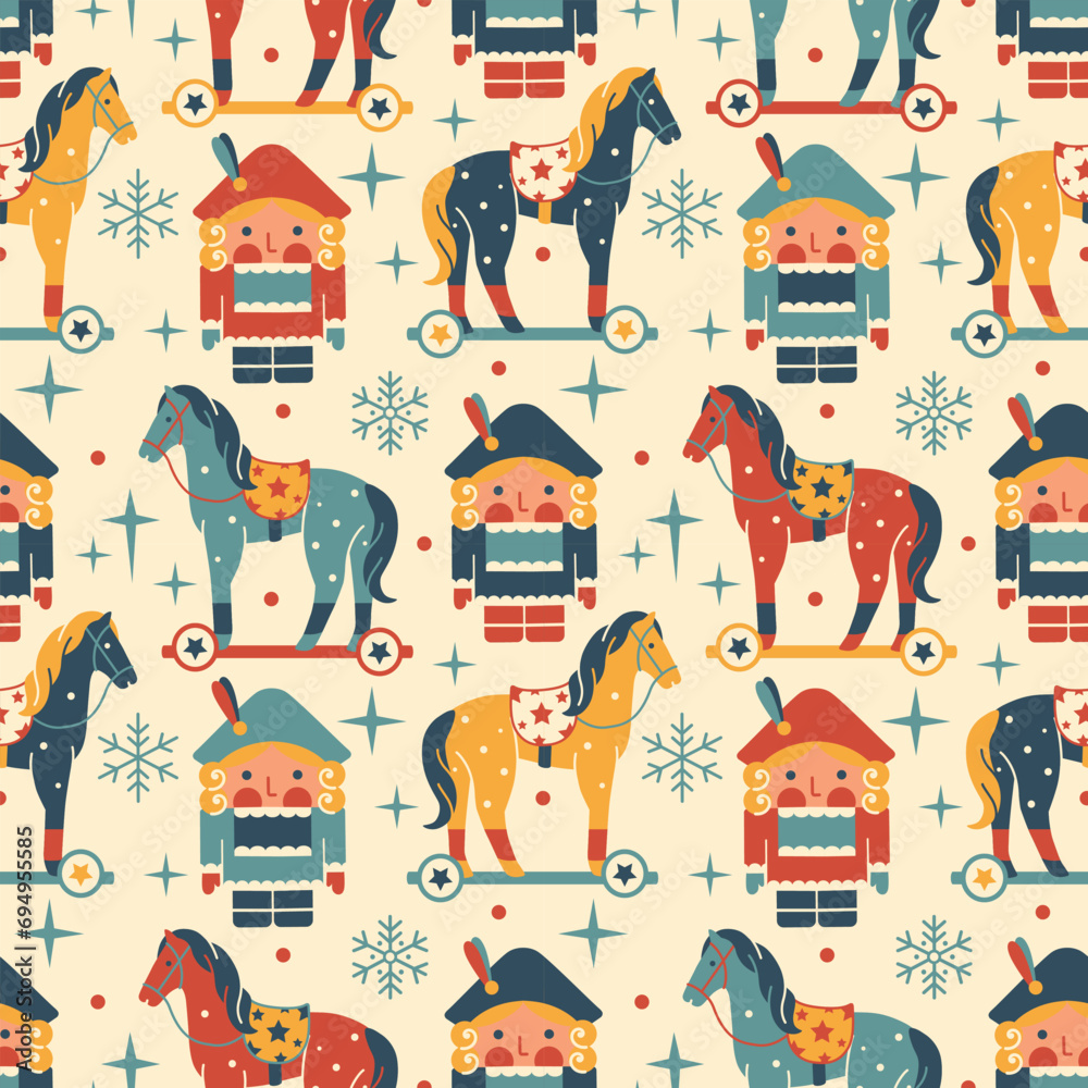 Retro seamless pattern. Vintage Noel thematic, with toy horse, nutcracker, snowflakes. Funny, playful flat style vector graphic. Elegant dream land concept for gift, wrapping paper, fabric.