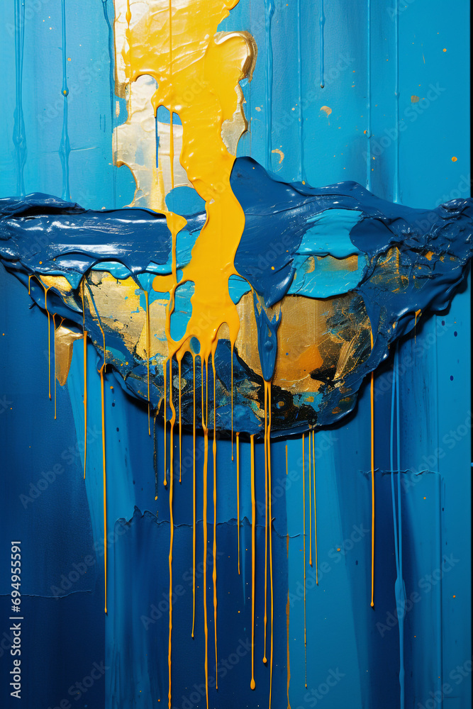 a blue painting with yellow and gold paint, in the style of dark gold and dark aquamarine created with Generative Ai