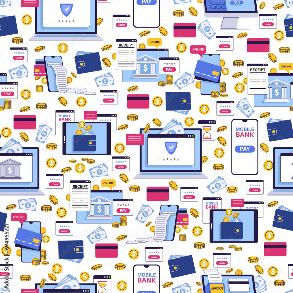 Seamless pattern with banks, money and payments. Wallet and golden coin, credit cards. Laptop and phone. Decor textile, wrapping paper, wallpaper. Cartoon flat isolated vector concept Seamless pattern with banks, money and payments. Wallet and golden coin, credit cards. Laptop and phone. Decor textile, wrapping paper, wallpaper. Cartoon flat isolated vector concept
