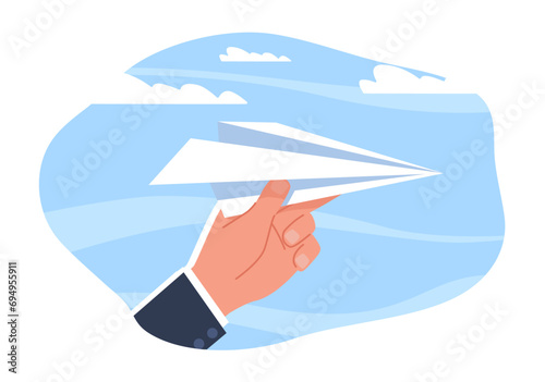 Starting business, paper airplane in hand. Launching new project, sending message. Origami plane on blue background. Letter delivering. Cartoon flat isolated vector startup concept
