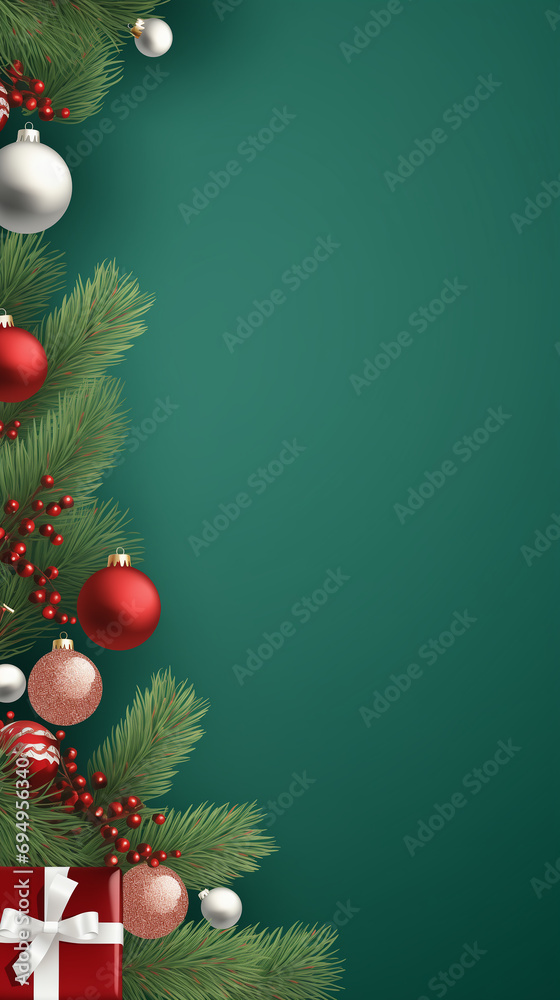 Green Christmas background, with gifts and tree