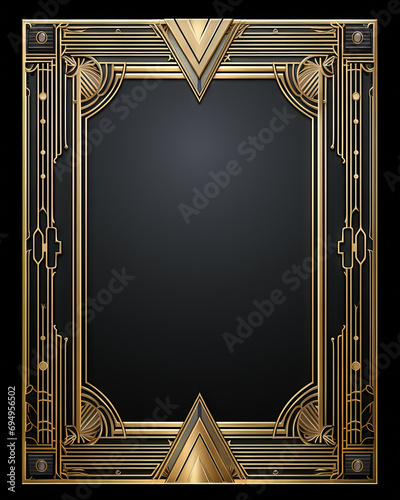 Golden art deco frame with ornament. Retro golden art deco or art nouveu frame in roaring 20s style. Generative AI. photo