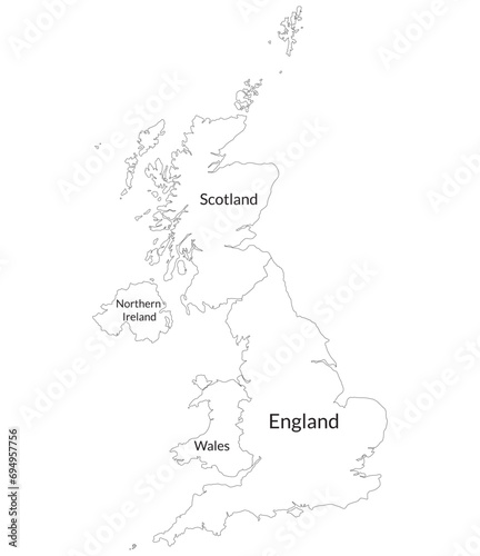 United Kingdom Regions map. Map of United Kingdom divided into England, Northern Ireland, Scotland and Wales countries.