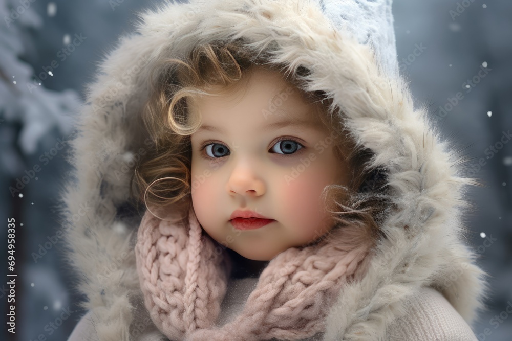 A cute girl in the snow , A cute little girl is wearing a furry hat and scarf in winter Ai generated A cute girl in the snow , A cute little girl is wearing a furry hat and scarf in winter Ai generated