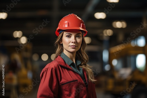 A young woman working in logistics wears a helmet.
