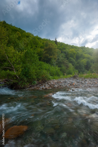Fototapeta Naklejka Na Ścianę i Meble -  Beautiful sunny summer landscape. Fast flowing mountain river