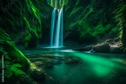Photographie A cascading waterfall hidden deep within a lush, emerald-green canyon waterfall water nature  forest river green stream cascade landscape tree fall rock travel park