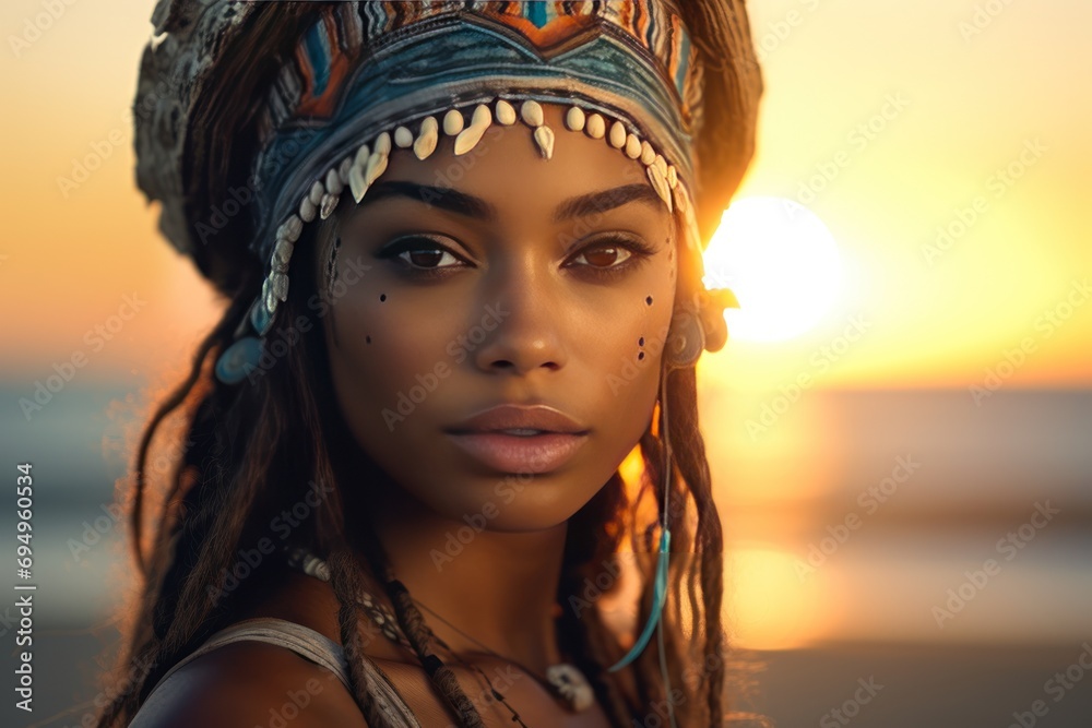 Behind beautiful tribal style young woman on the beach at sunset