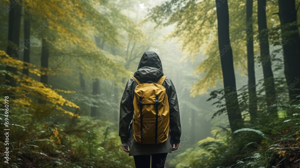 Female hiker in raincoat with backpack Hiking in a green forest on a foggy and rainy autumn day.