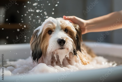 Female groomer bathes dog with foam in bathtub