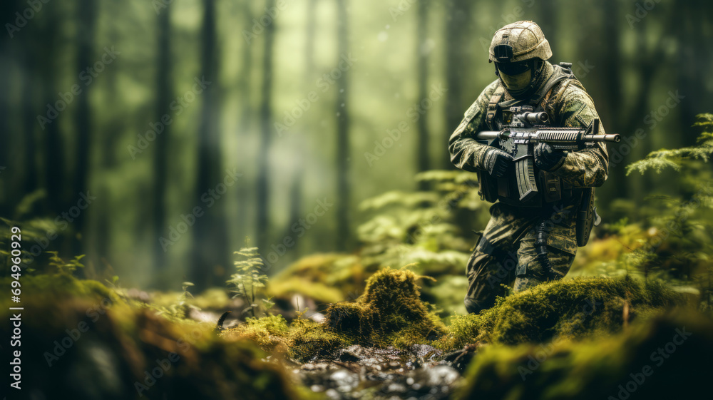 Soldier with camouflage and weapon in the forest or jungle background.
