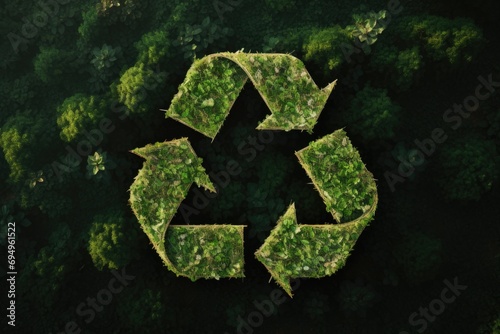 Recycling Symbol Overgrown with Greenery in a Forest