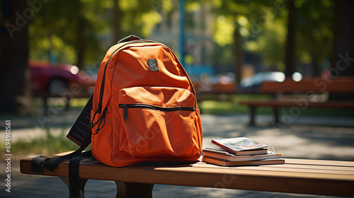 Backpack with school supplies on natural background photo