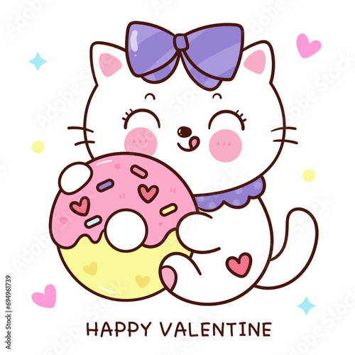 valentine cat cute cartoon hug sweet donut dessert (kitten playing). Series: love festival kawaii animals. Perfect make a wish for anniversary fairy tale book