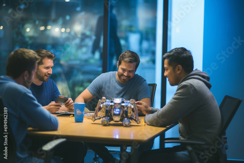 Tech startup founders present a robotics prototype in a boardroom, showcasing innovation, teamwork, and cutting-edge technology in a dynamic setting. photo