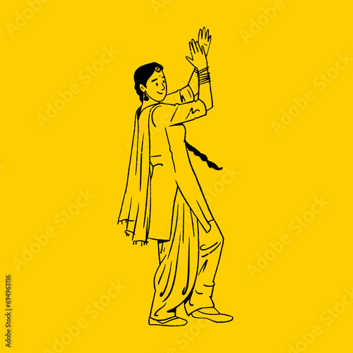 Indian Panjabi women celebrating Lohri festival, Baisakhi Festival, happy dancing woman outline vector illustration 