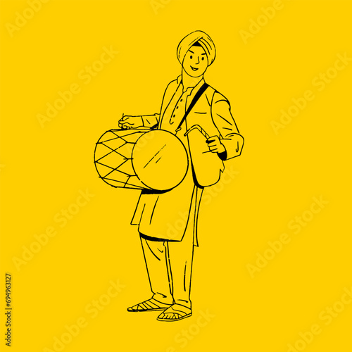 Indian Panjabi man celebrating Lohri festival, Baisakhi Festival, happy dancing woman outline vector illustration 