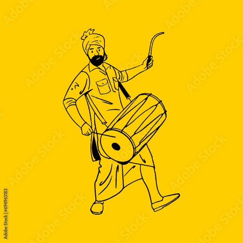 Indian Panjabi man celebrating Lohri festival, Baisakhi Festival, happy dancing woman outline vector illustration 