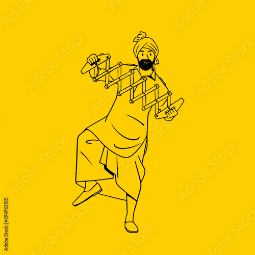 Indian Panjabi man celebrating Lohri festival, Baisakhi Festival, happy dancing woman outline vector illustration 