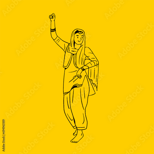 Indian Panjabi women celebrating Lohri festival, Baisakhi Festival, happy dancing woman outline vector illustration 