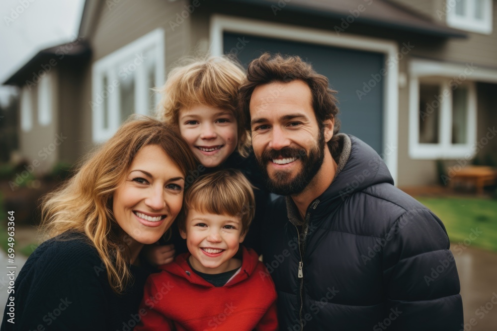 Portrait of a happy family standing in front their home