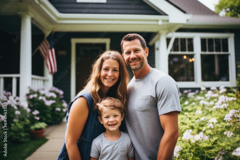 Portrait of a happy family standing in front their home