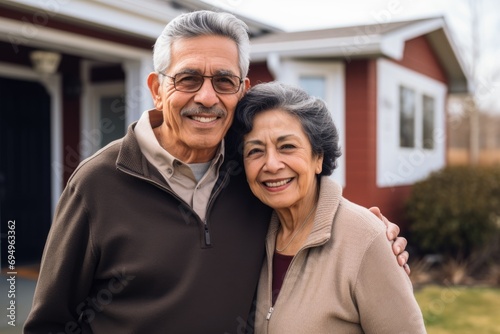 Portrait of a smiling senior couple in front of house