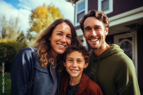 Portrait of a happy family standing in front their home