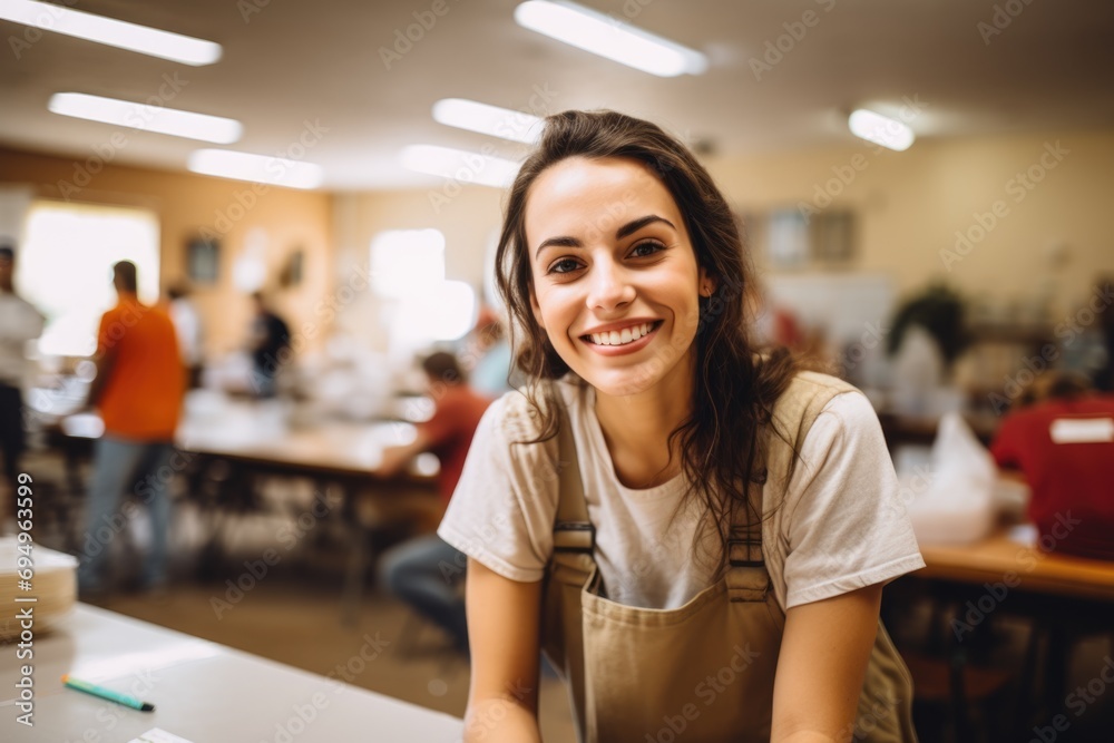 Portrait of a smiling woman volunteer in workshop Portrait of a smiling woman volunteer in workshop