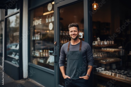 Portrait of a young man standing in front of small business in city